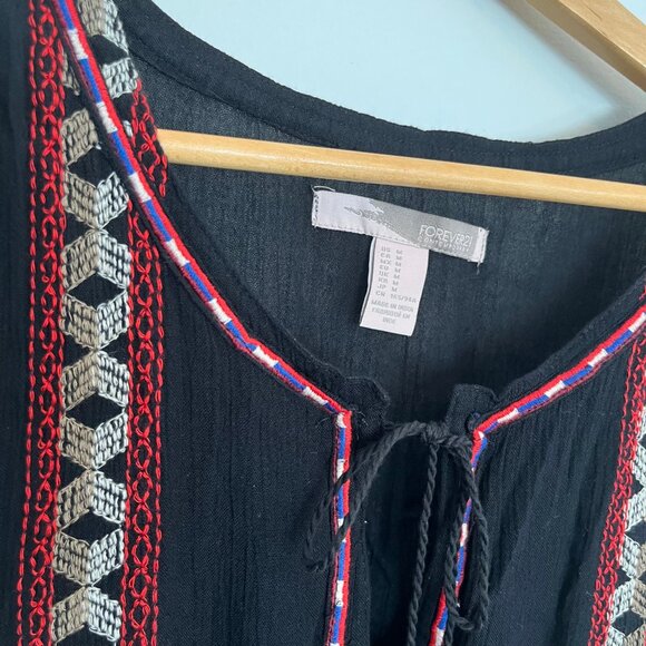 Forever 21. Light Dress. Black with Red and White Embroidered Details. Size M. - Picture 6 of 11
